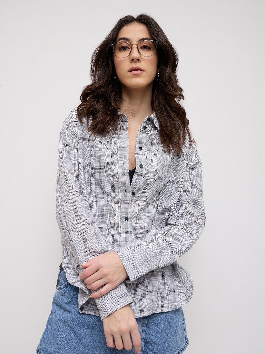 White & Black Gridlock Smokey Plaid Oversized Shirt