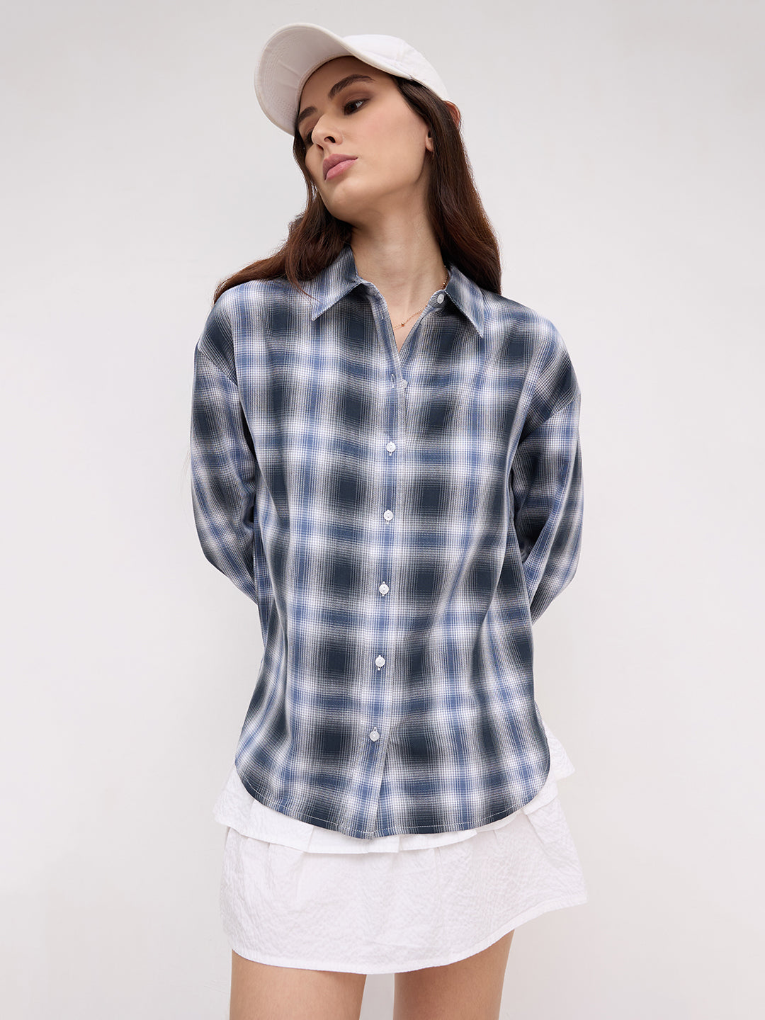 Navy Horizon Checked Oversized Shirt