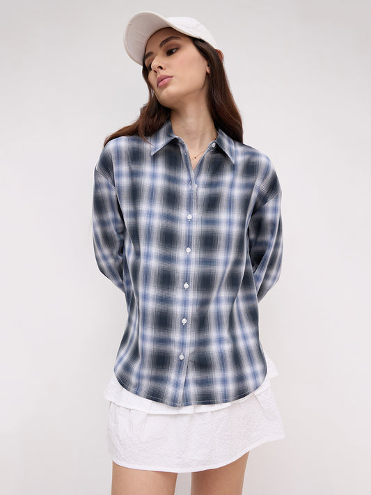 Navy Horizon Checked Oversized Shirt