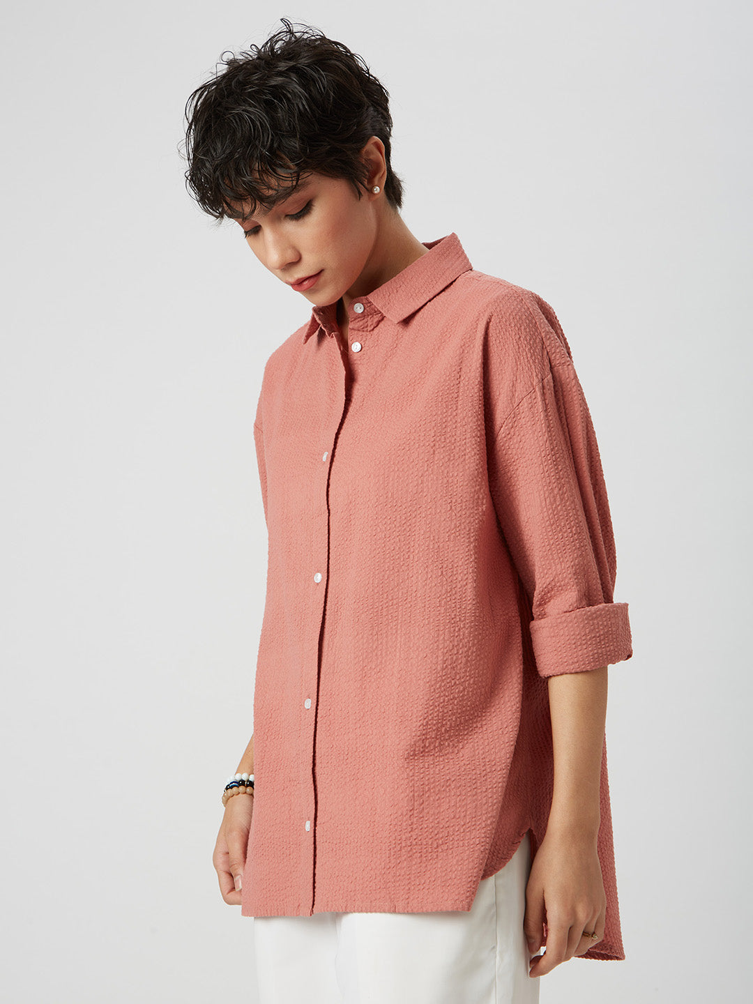 Coral Pink Seersucker Oversized Shirt