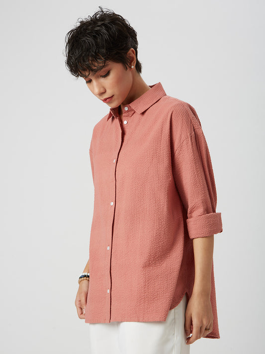 Coral Pink Seersucker Oversized Shirt