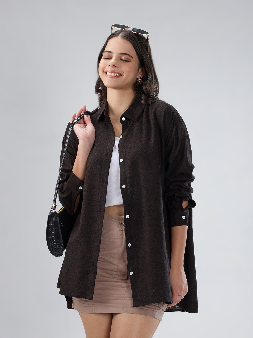 Bistre Brown Artistic Printed Oversized Shirt