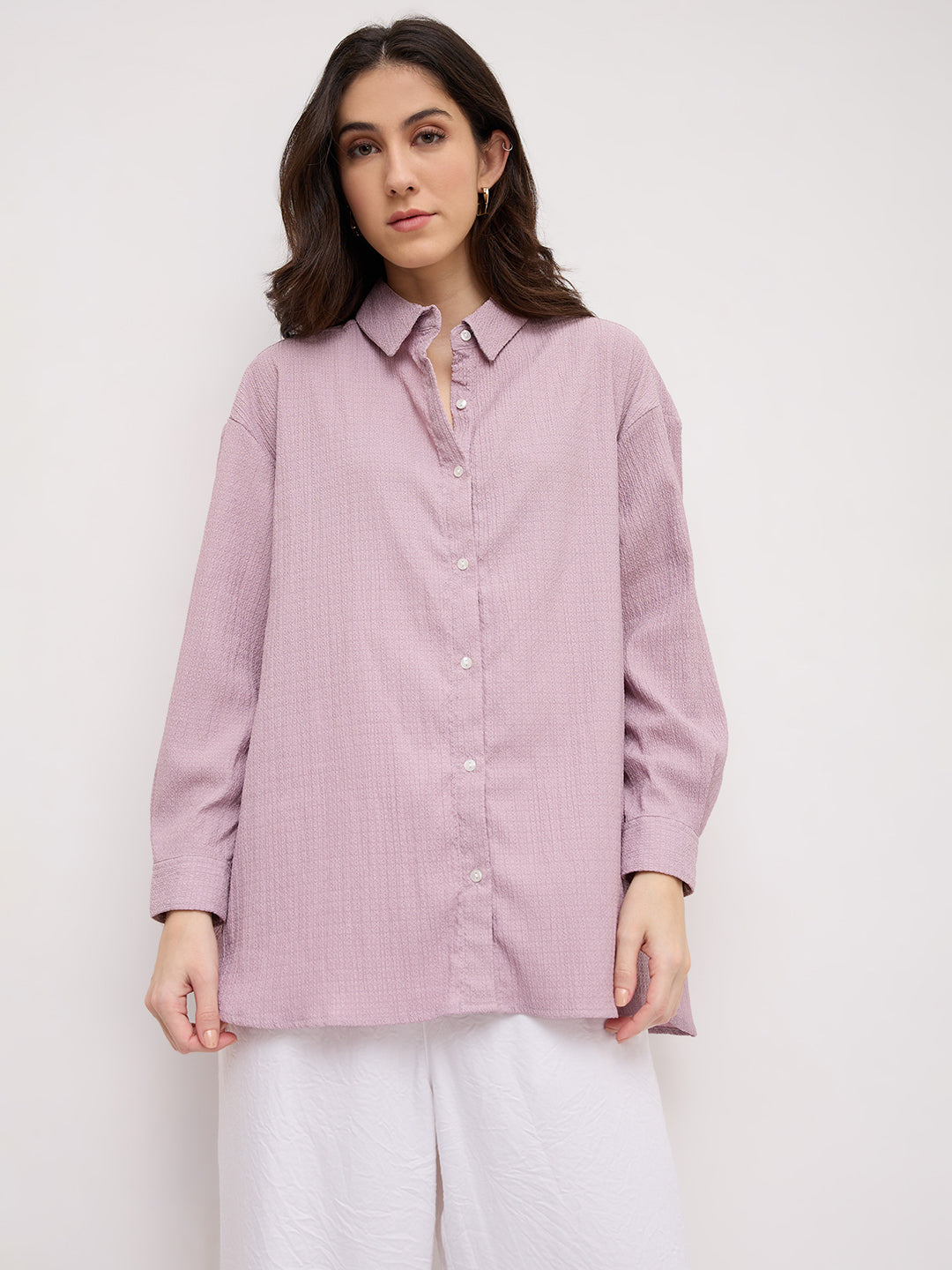 Lilac Textured Crinkled Oversized Shirt