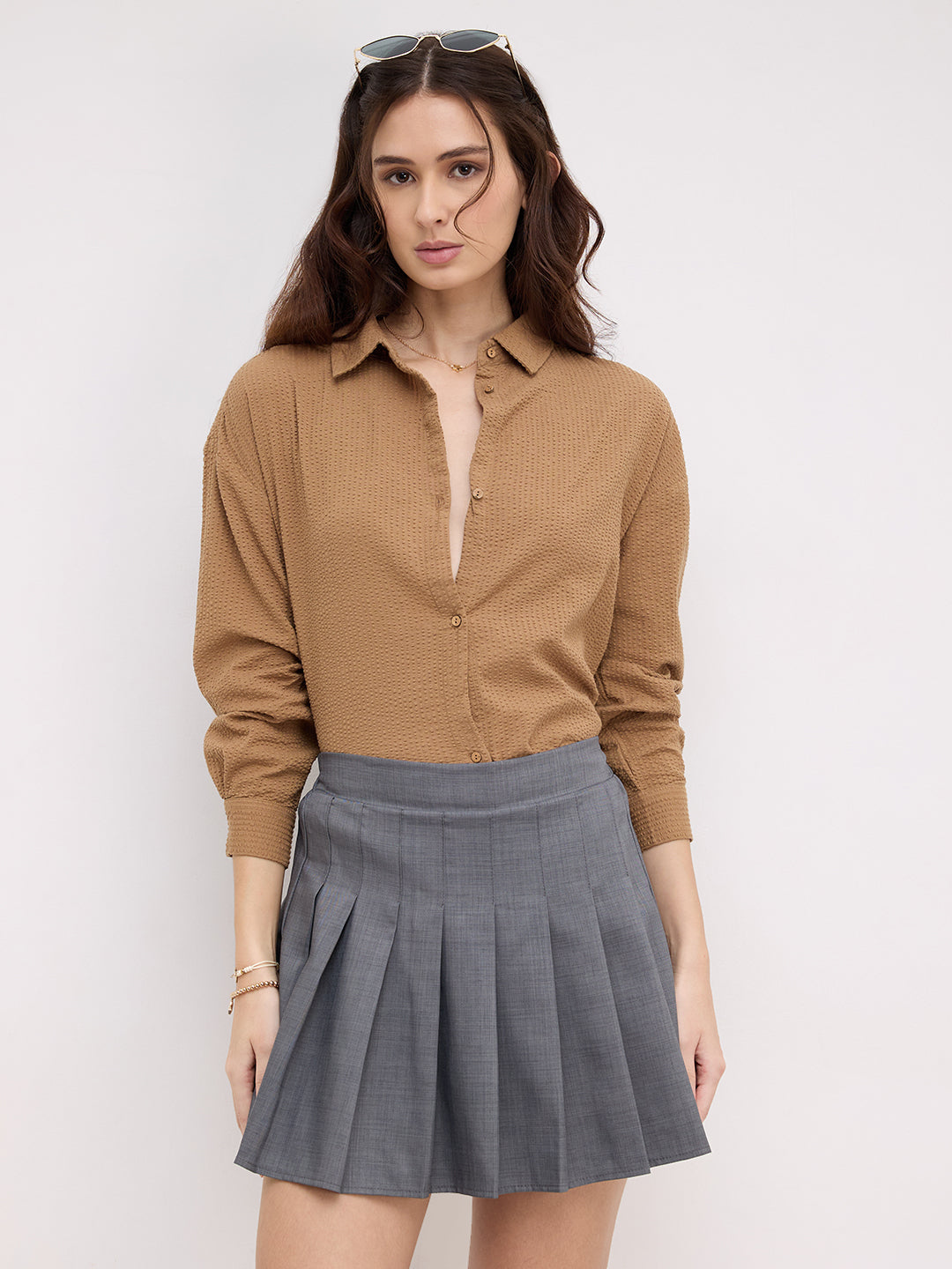 Tan Beige Seersucker Oversized Shirt