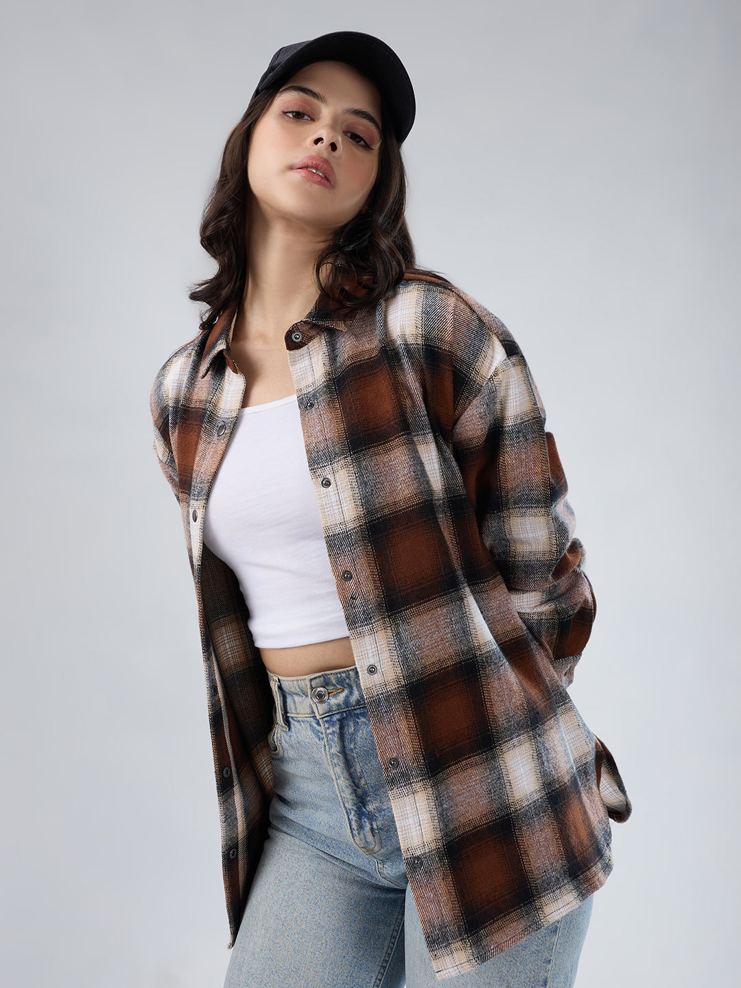 Brown & Beige Checkered Oversized Flannel Shirt