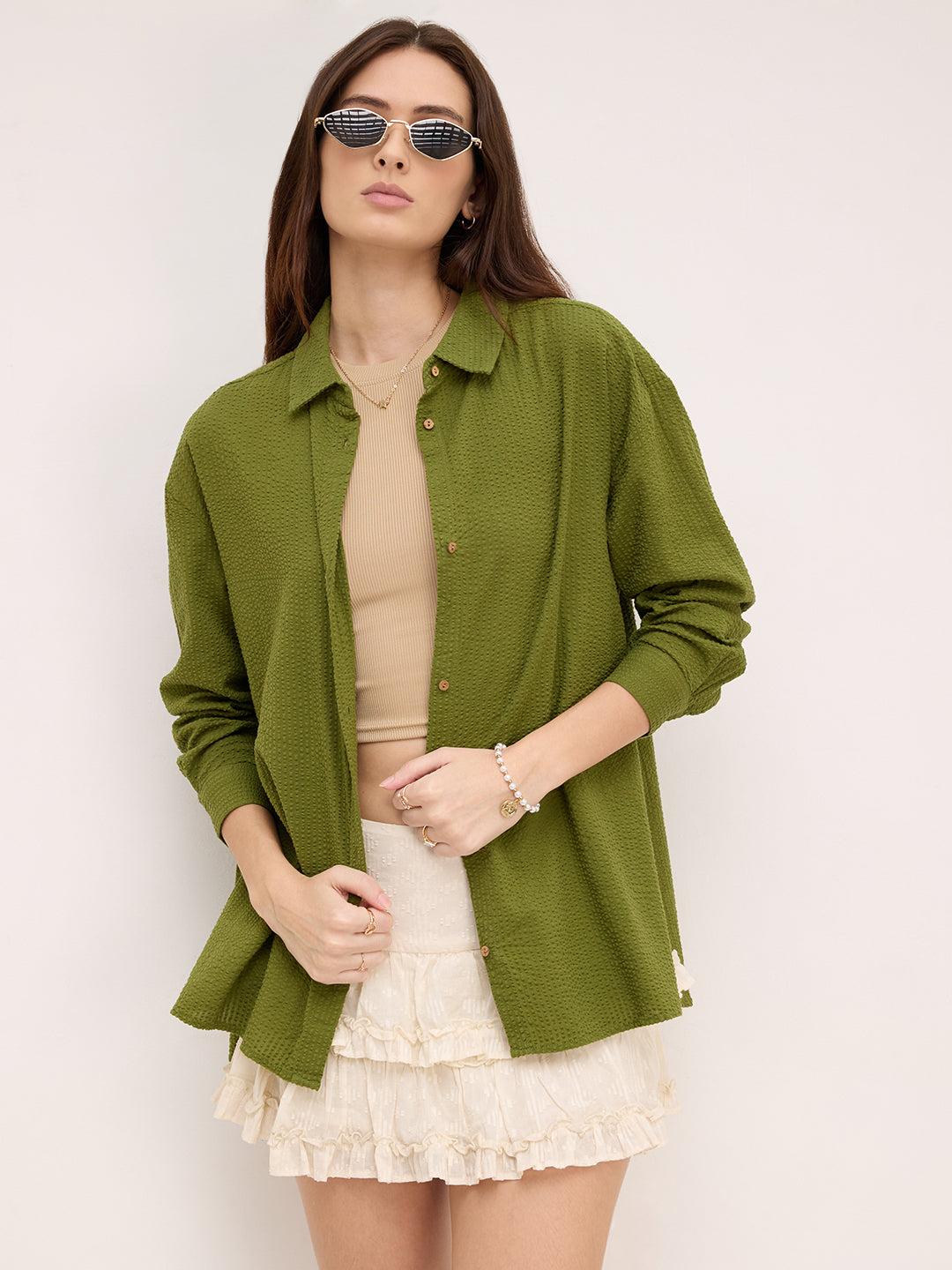 Olive Seersucker Oversized Shirt