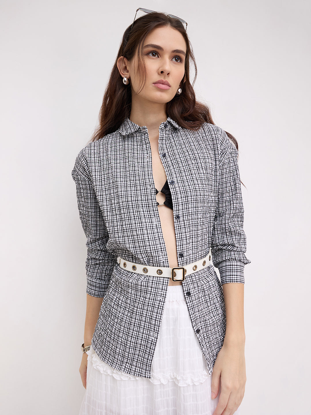 Black & White Tiny Checkered Seersucker Oversized Shirt