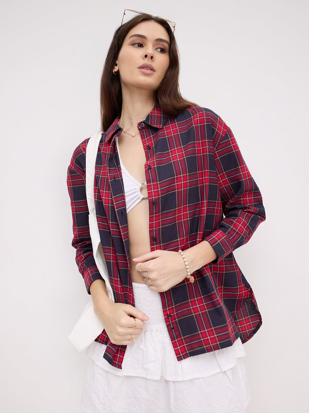 Red and Black Tartanique Checked Oversized Shirt