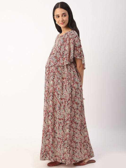 Multicolor Exotic Dense Leaf Printed Maternity Dress