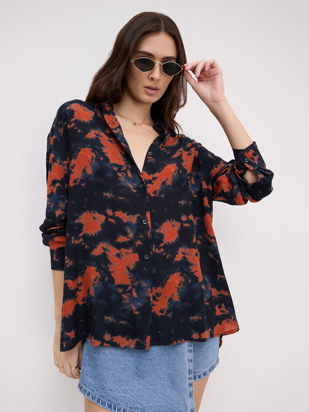 Black & Tangerine Tie- Dye Oversized Crepe Shirt