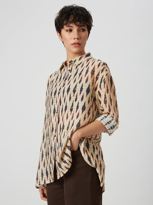 Beige & Black Abstract Printed Oversized Shirt