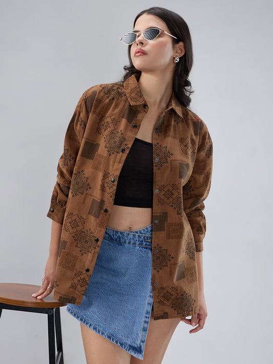 Brown Paisley Printed Corduroy Oversized Shirt