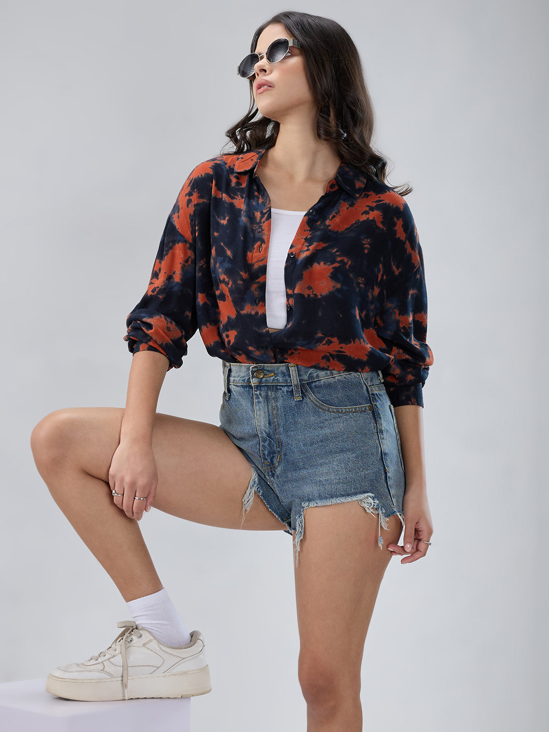 Black & Tangerine Tie- Dye Oversized Crepe Shirt