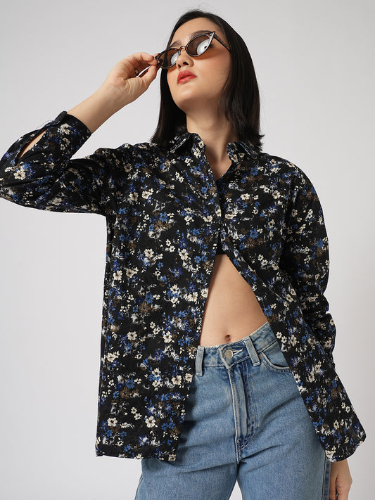Midnight Bloom Floral Printed Oversized Shirt