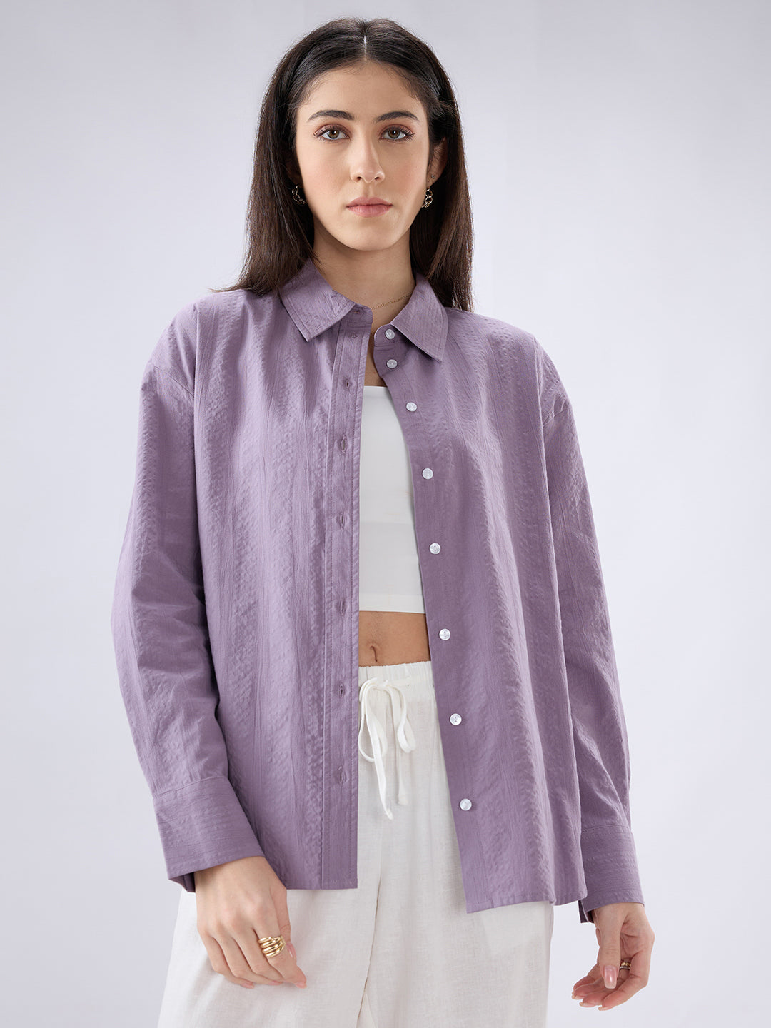 Lavender Seersucker Textured Oversized Shirt