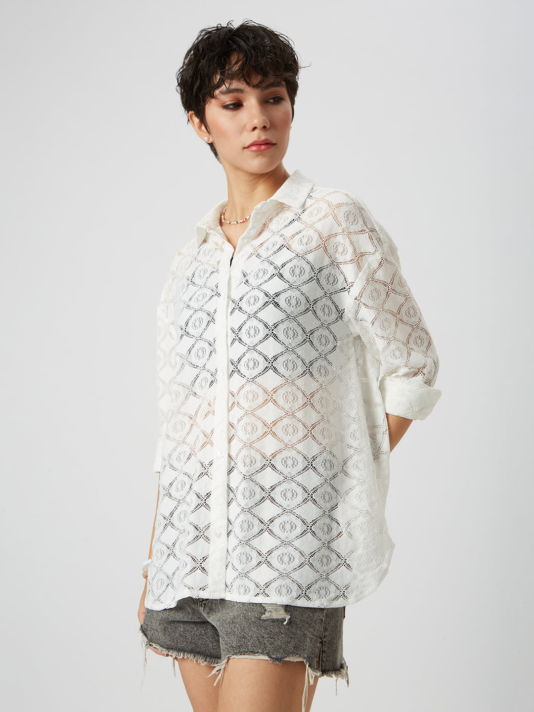 White Lace Crochet Oversized Shirt