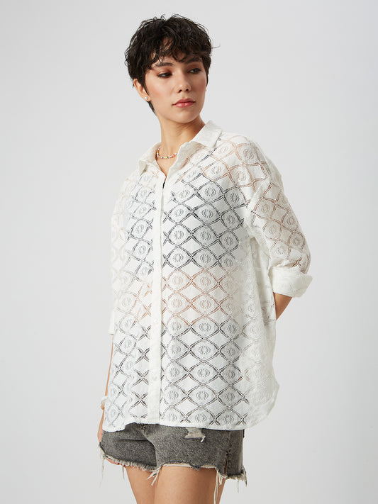White Lace Crochet Oversized Shirt