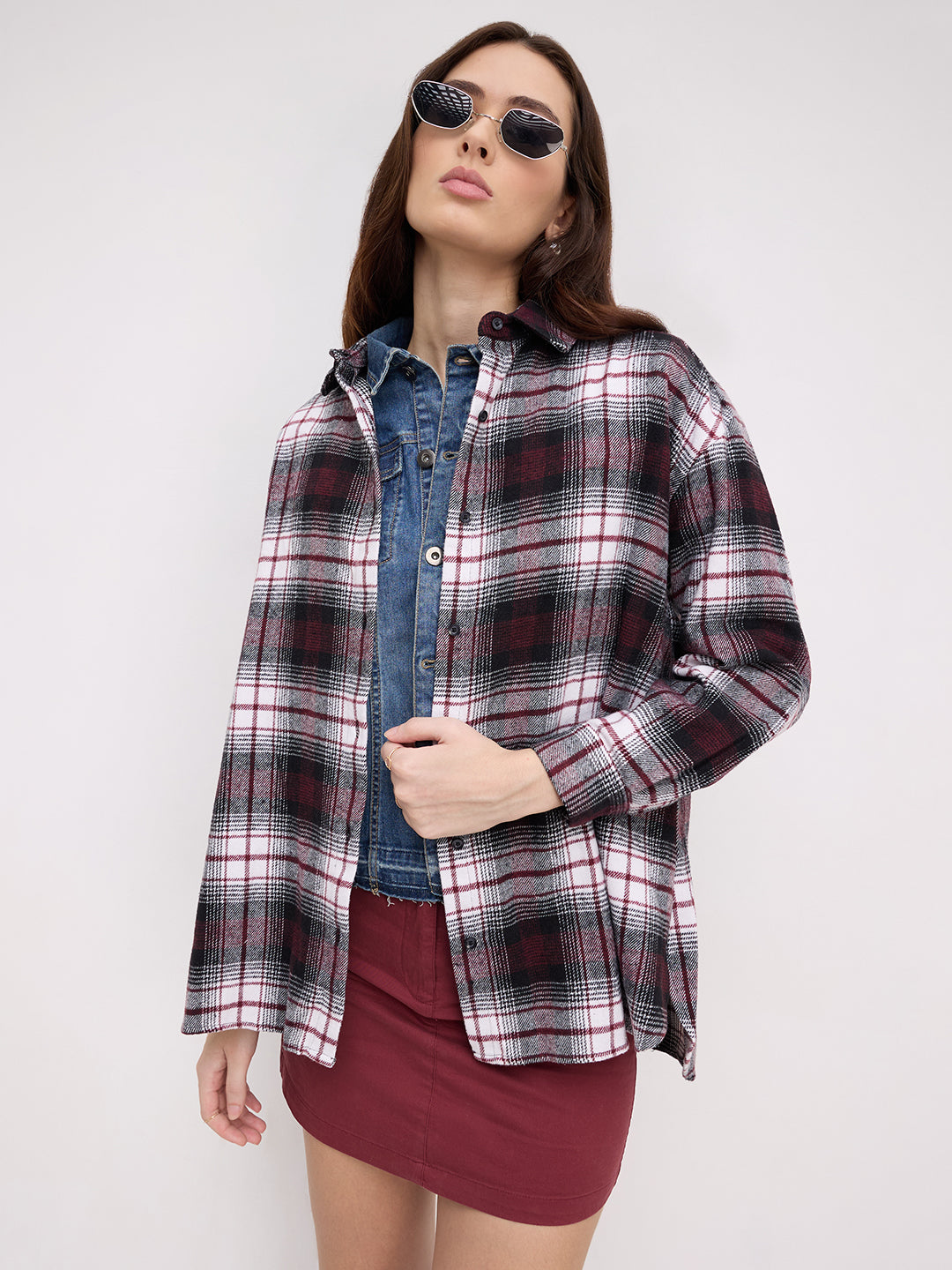 Maroon & White Checked Oversized Flannel Shirt
