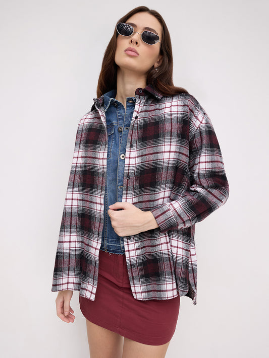 Maroon & White Checked Oversized Flannel Shirt