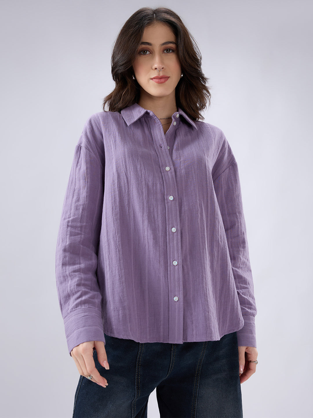 Lavender Seersucker Striped Doublecloth Oversized Shirt