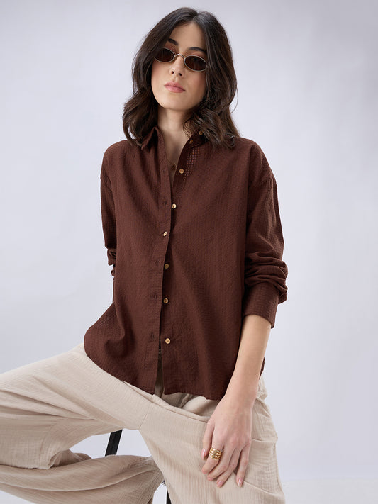 Chocolate Brown Jacquard Weave Oversized Shirt