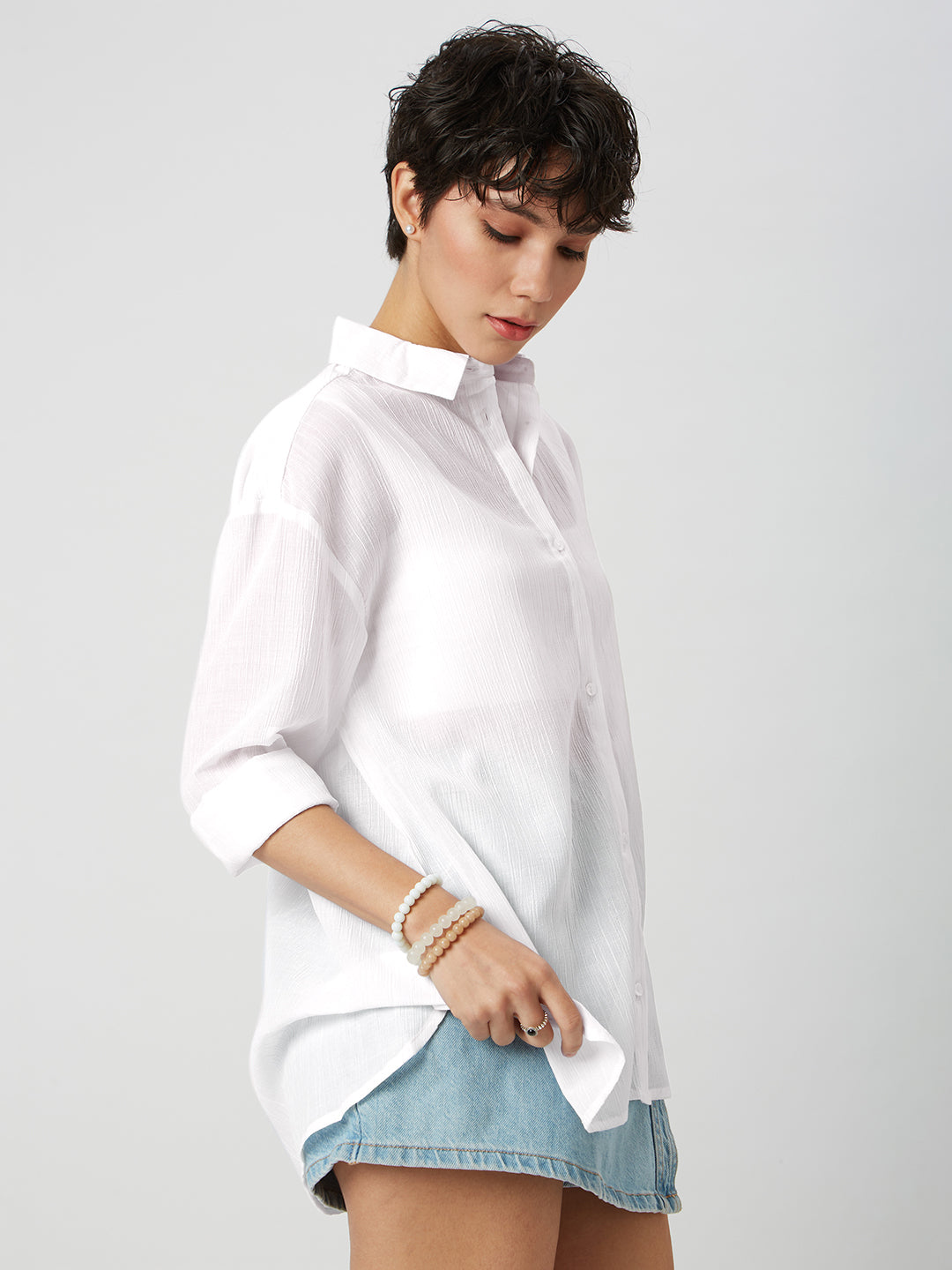 Glittery White Crinkled Oversized Shirt