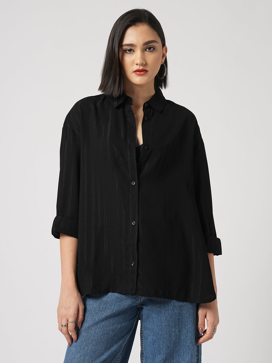 Black Glimmer Striped Oversized Shirt