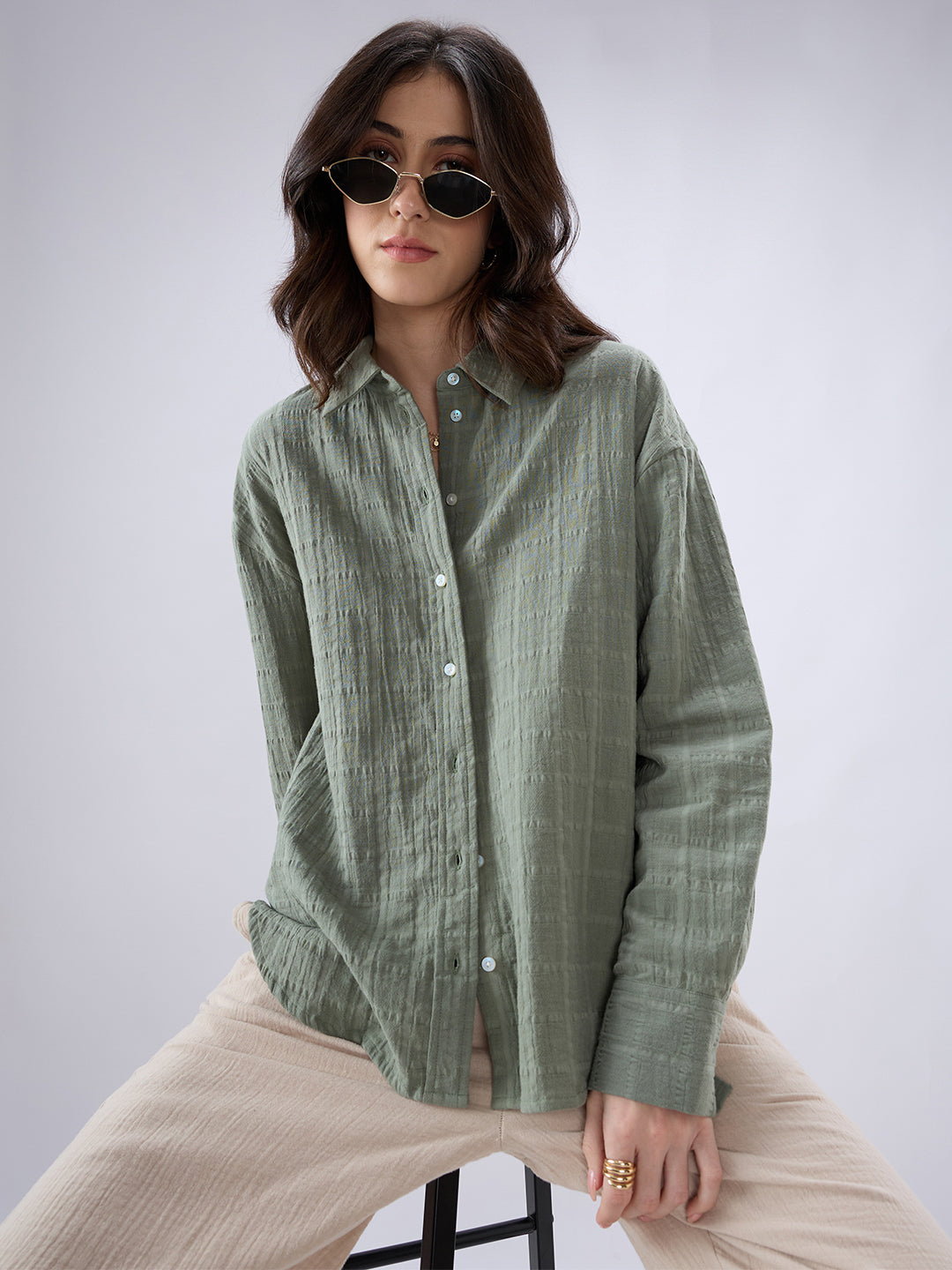 Asparagus Green Seersucker Doublecloth Oversized Shirt