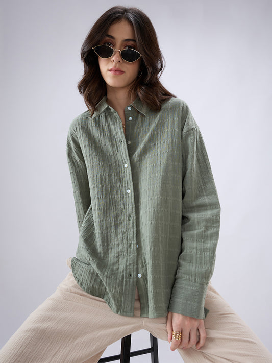 Asparagus Green Seersucker Doublecloth Oversized Shirt