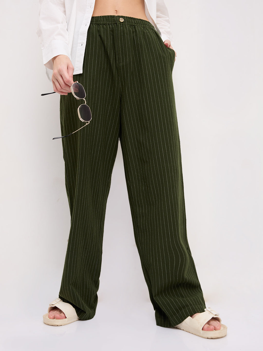 Deep Olive Pin Stripe Wide Leg Trousers