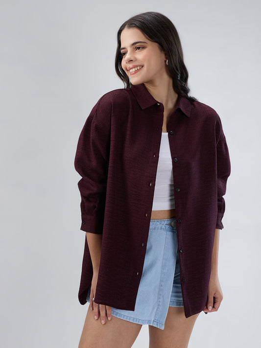 Wine Slub Textured Oversized Shirt