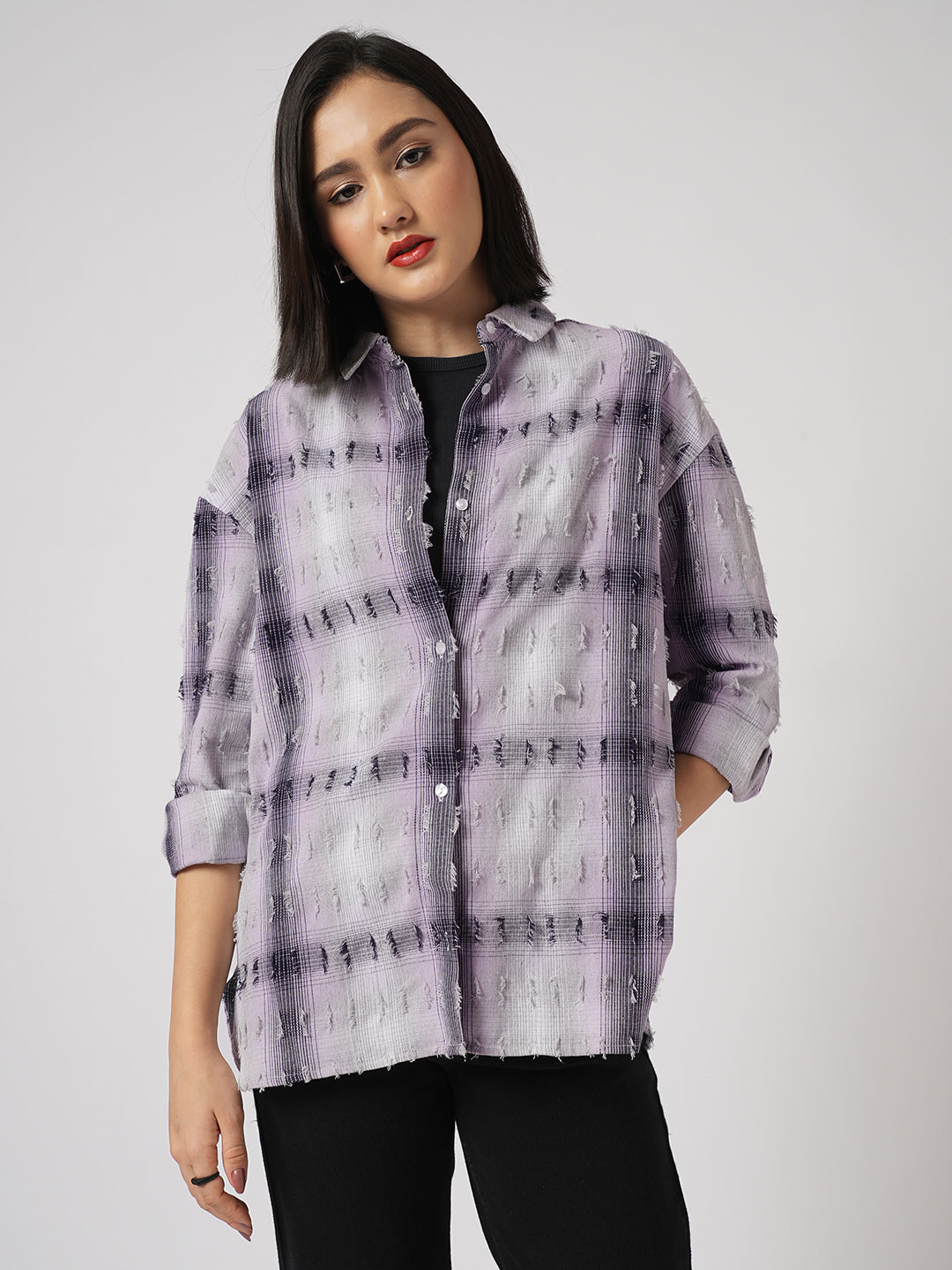 Multicolor Self Design Frayed Oversized Shirt
