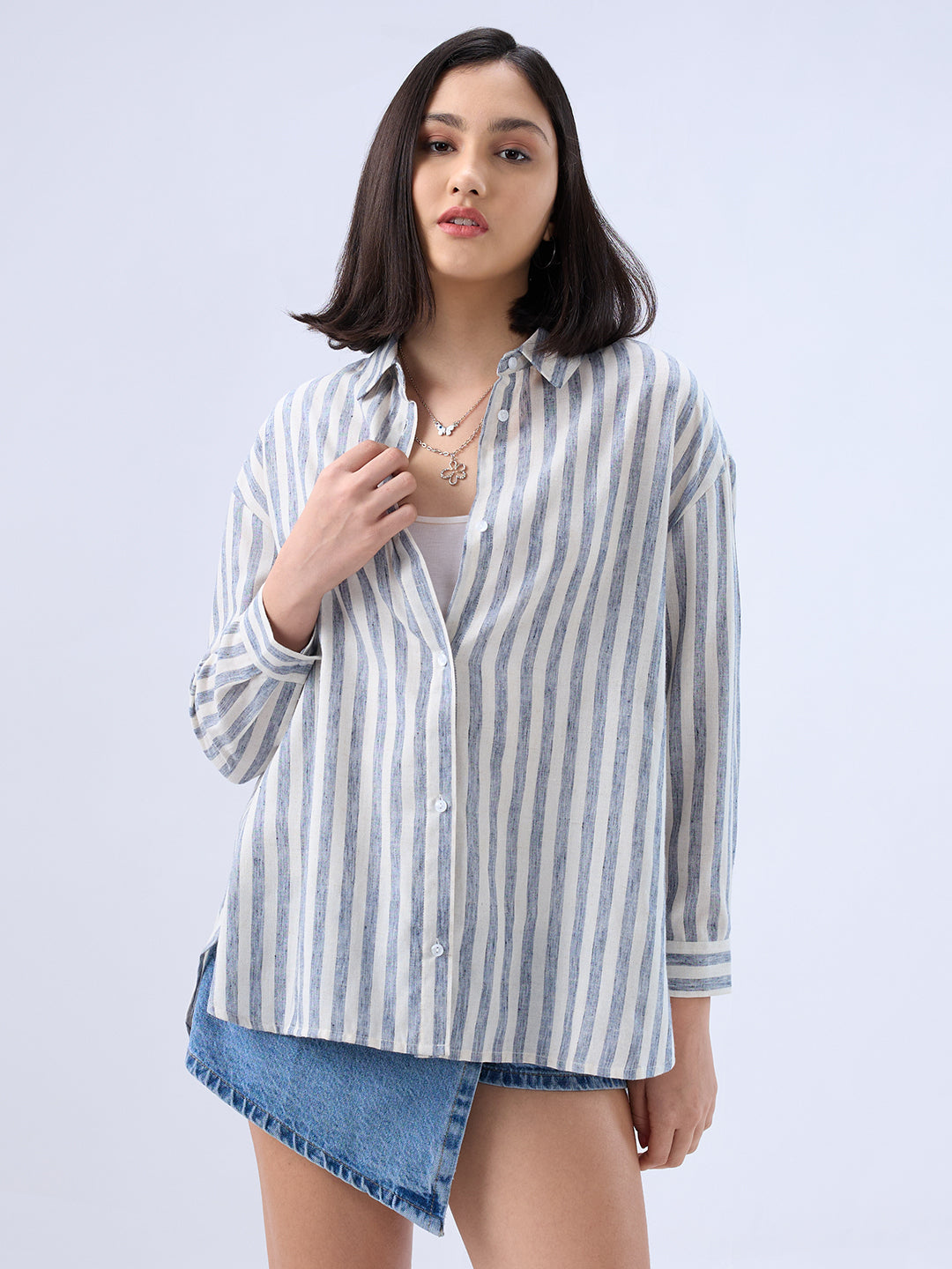 Cream and Blue Balanced Stripe Oversized Shirt