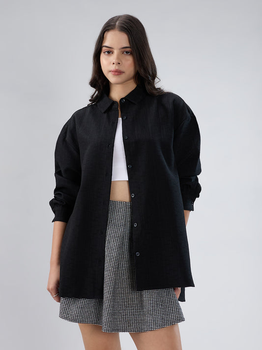 Black Slub Textured Oversized Shirt