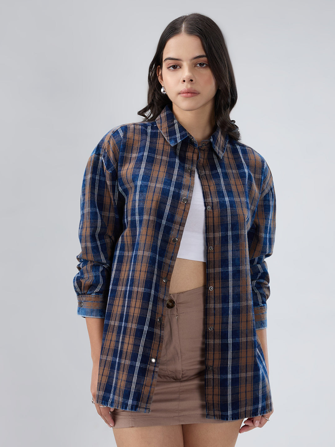 Navy & Brown Tartan Checked Corduroy Oversized Shirt
