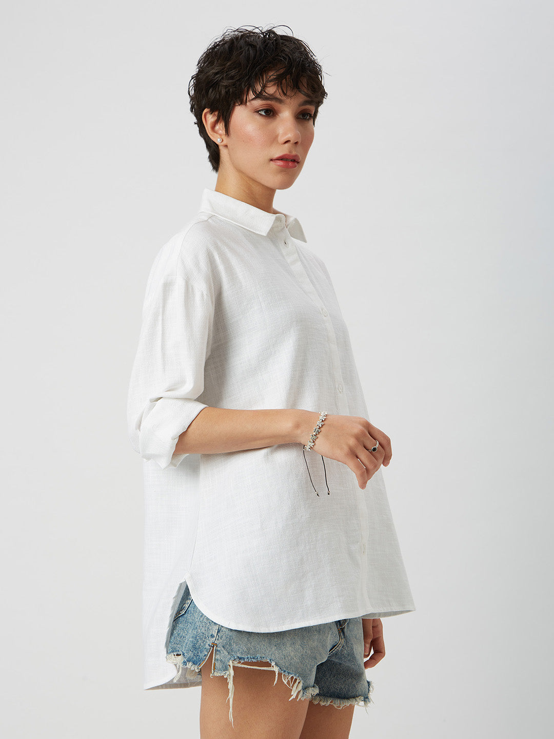 Solid White Textured Oversized Shirt