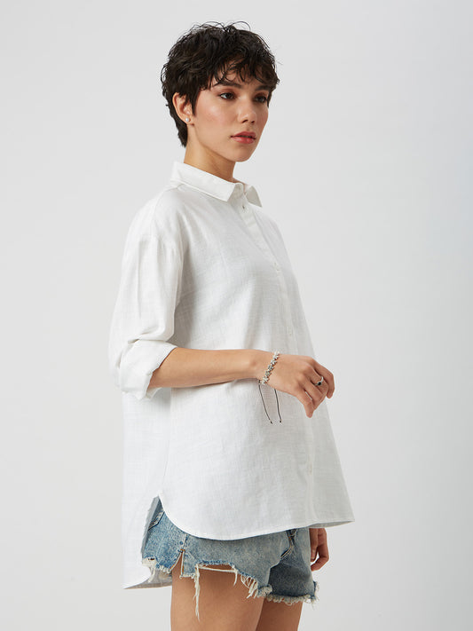 Solid White Textured Oversized Shirt