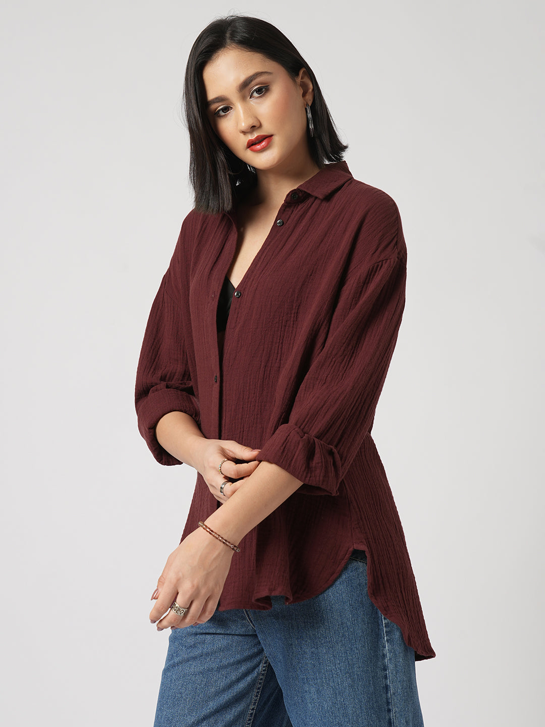 Solid Wine Double Cloth Oversized Shirt