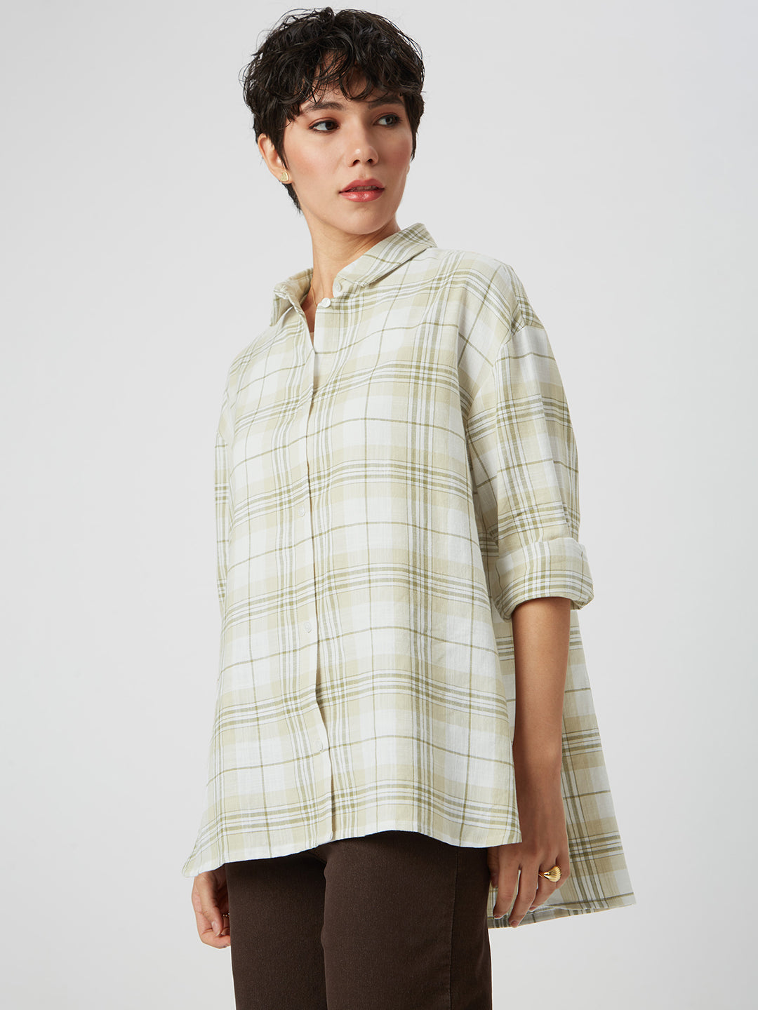 Beige & Olive Tartan Checked Oversized Shirt