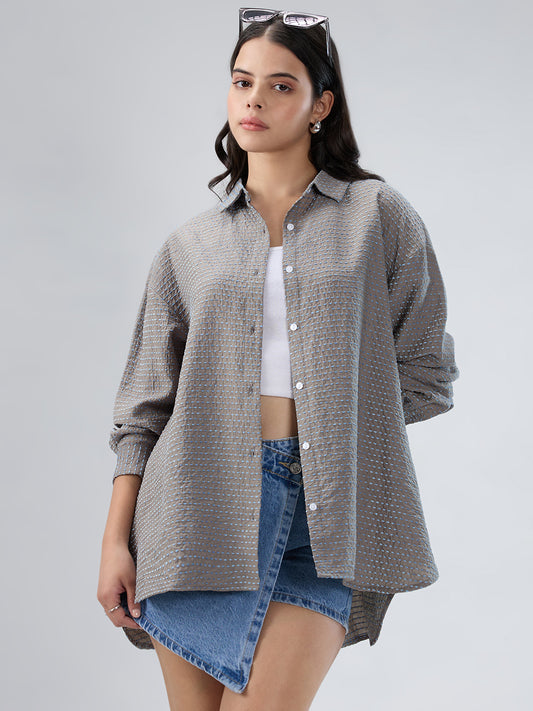 Grey & Blue Dotted Jacquard Oversized Shirt