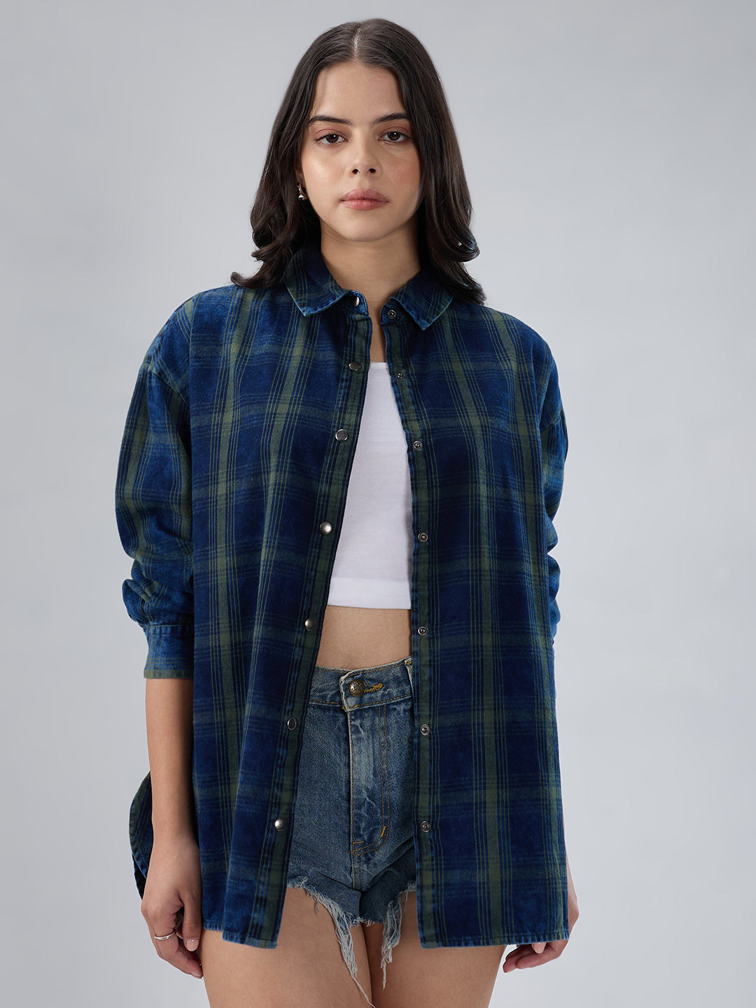 Navy & Olive Checkered Corduroy Oversized Shirt