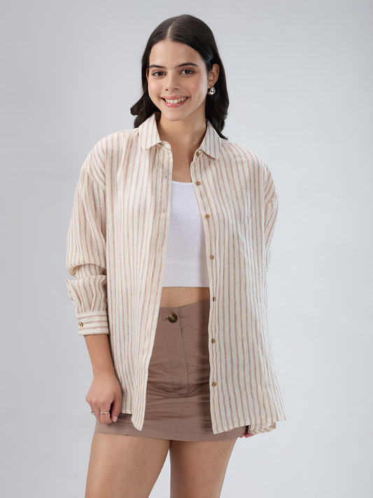Beige & Brown Striped Burlap Shirt
