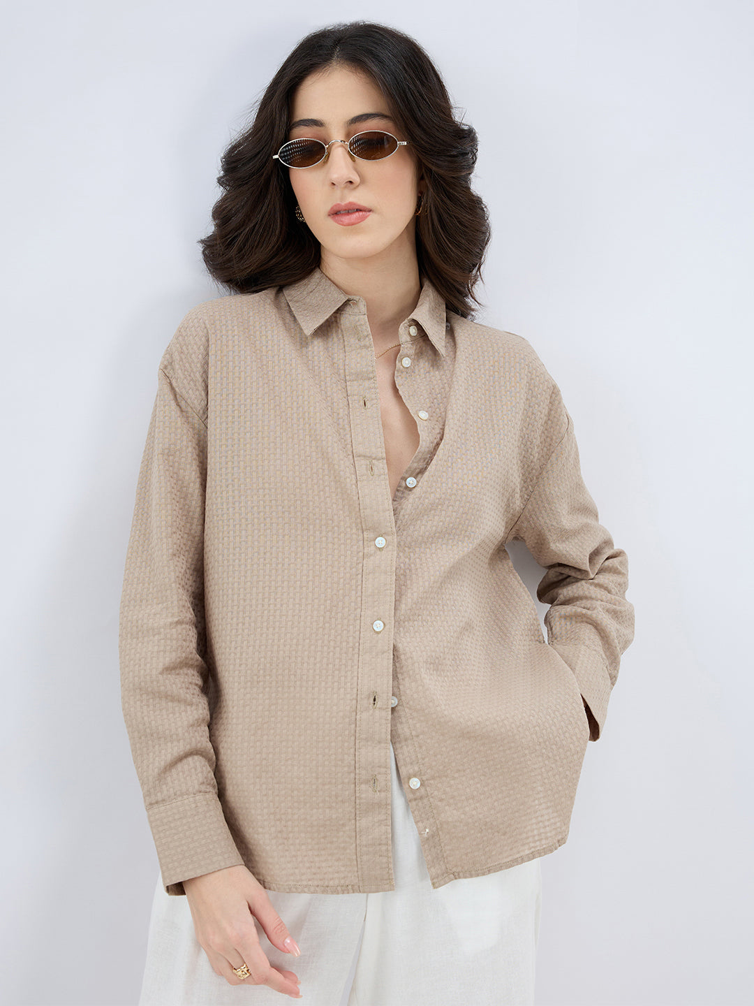 Fawn Beige Jacquard Weave Oversized Shirt