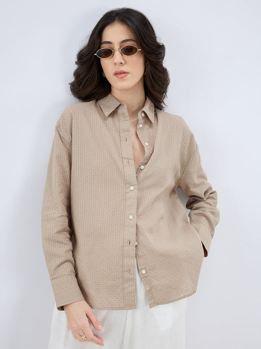 Fawn Beige Jacquard Weave Oversized Shirt