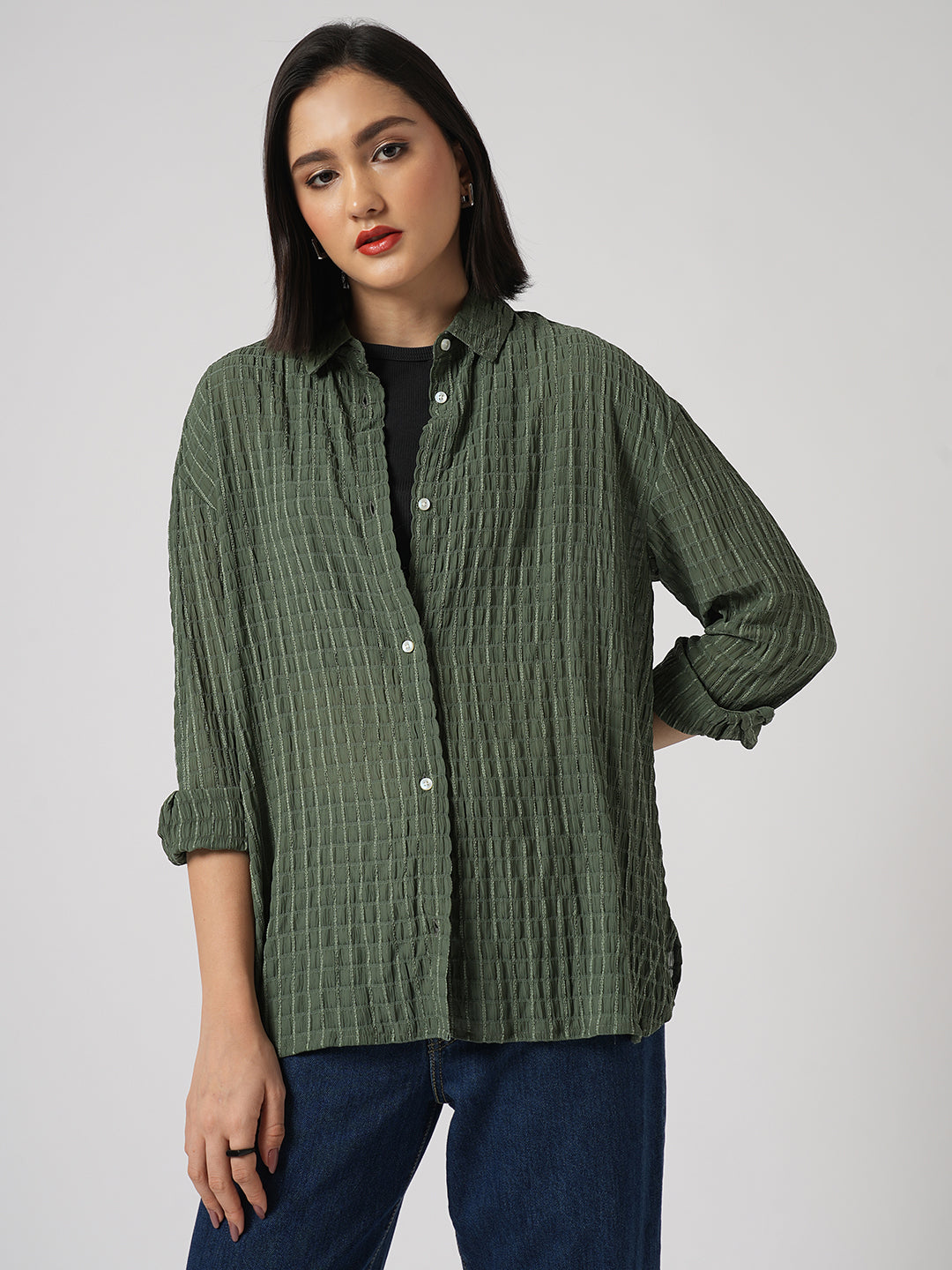 Moss Green Matrix Checks Oversized Shirt