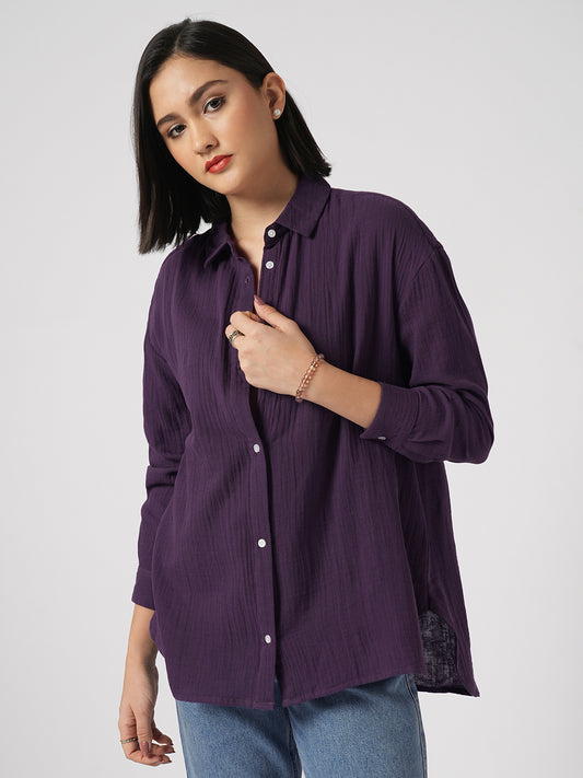 Kalamata Purple Textured Double Cloth Oversized Shirt