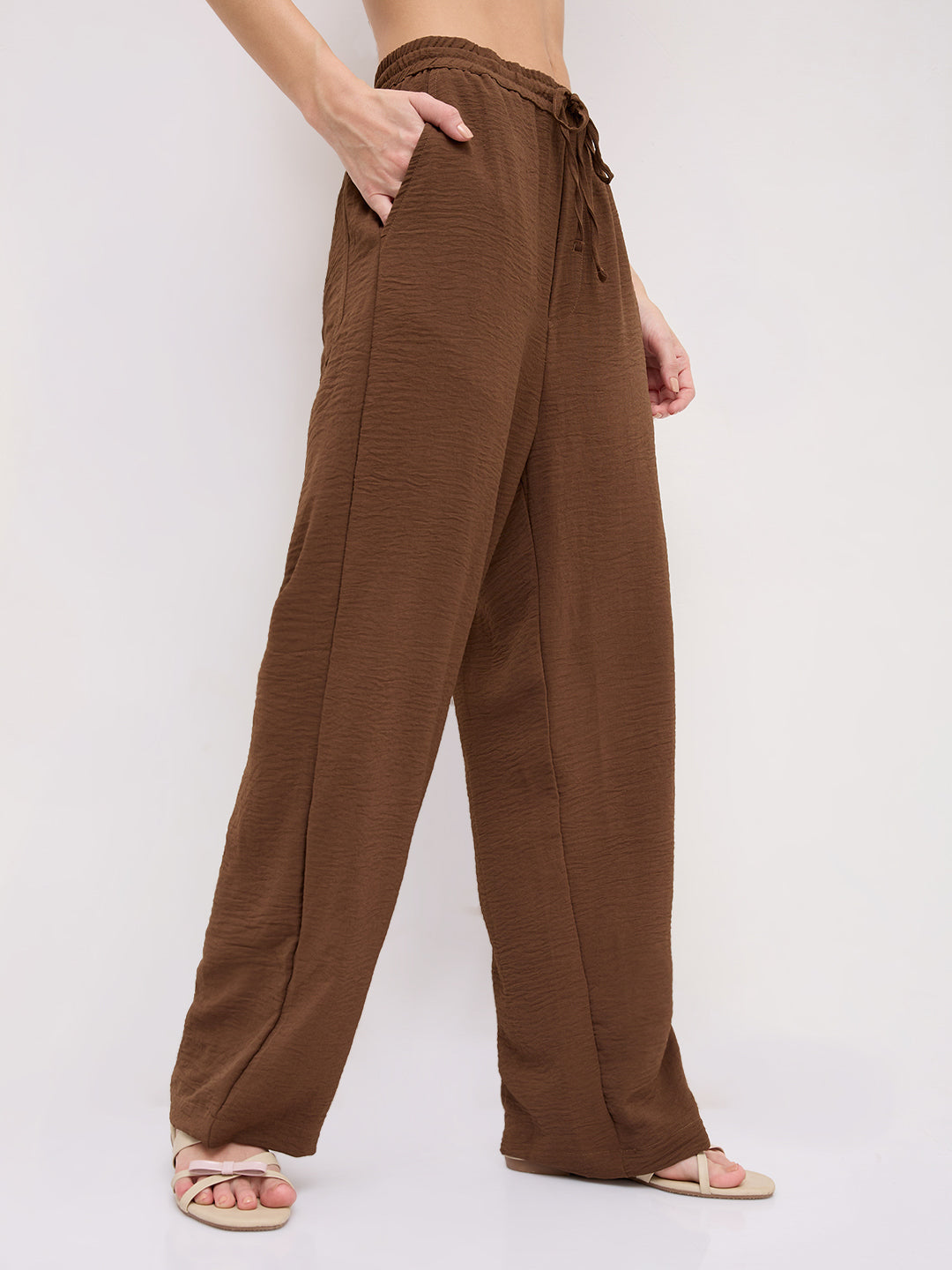 Mocha Brown Crinkled Straight Fit Trousers