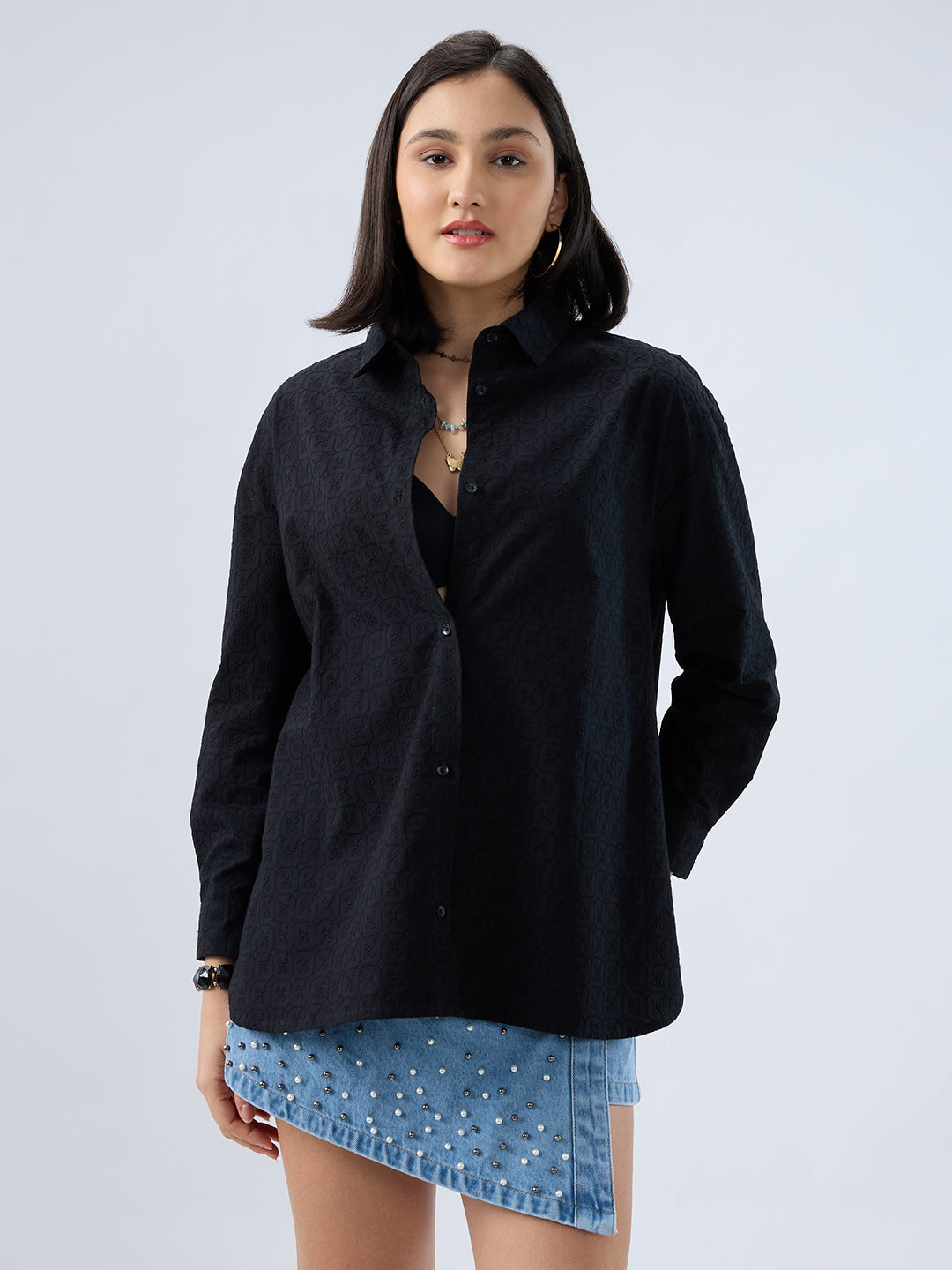 Deep Black Embroidered Oversized Shirt