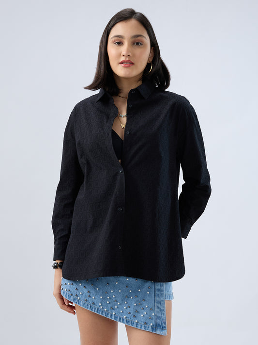 Deep Black Embroidered Oversized Shirt