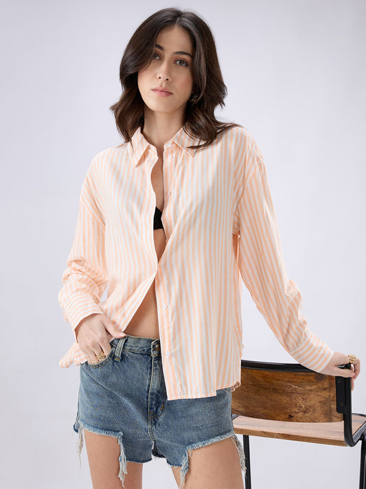 Peachy Orange & white Striped Oversized Shirt